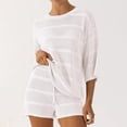 thumbnail image 2 of LYMAYTER Women's Knit Two-Piece Half Sleeve Top & Shorts Swimsuit Coverup Hollow Out Beach Outfits, 2 of 9