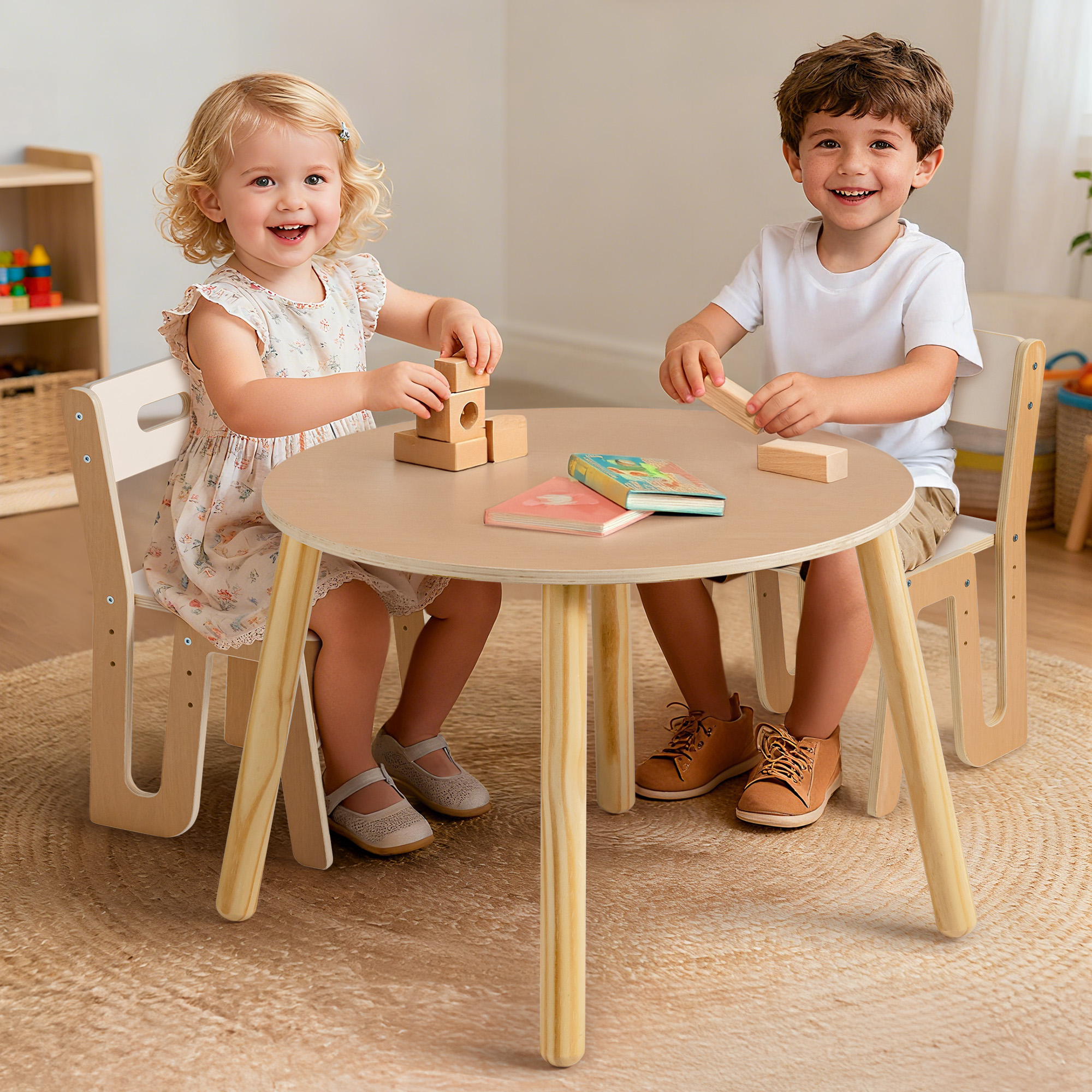 Robud Wooden Toddler 2 Chair and Talbles Set, Sturdy Round Table  Erasable Graffiti Desktop Kids Chairs, Classroom/Daycare/Home, Children Multi-Activity Table for Ages 3+