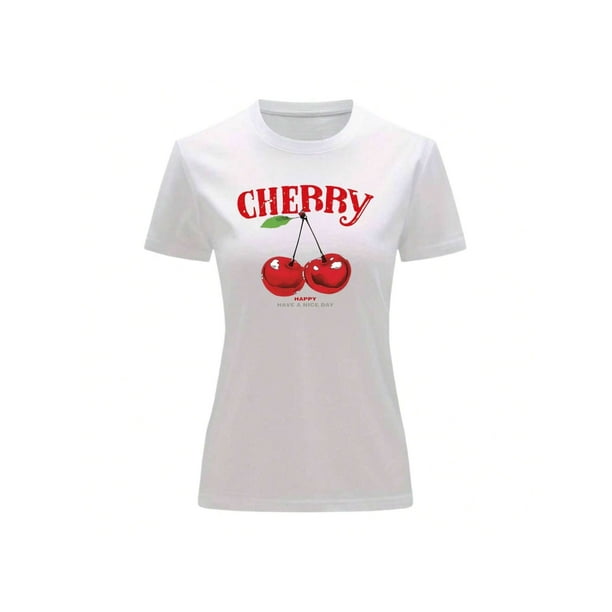 Playera Blusa De Cerezas Cherry Happy Have A Nice Day Casual Ropa Para Mujer Ropa De Dama Color Blanco Talla Grande Marca Emil SaEs