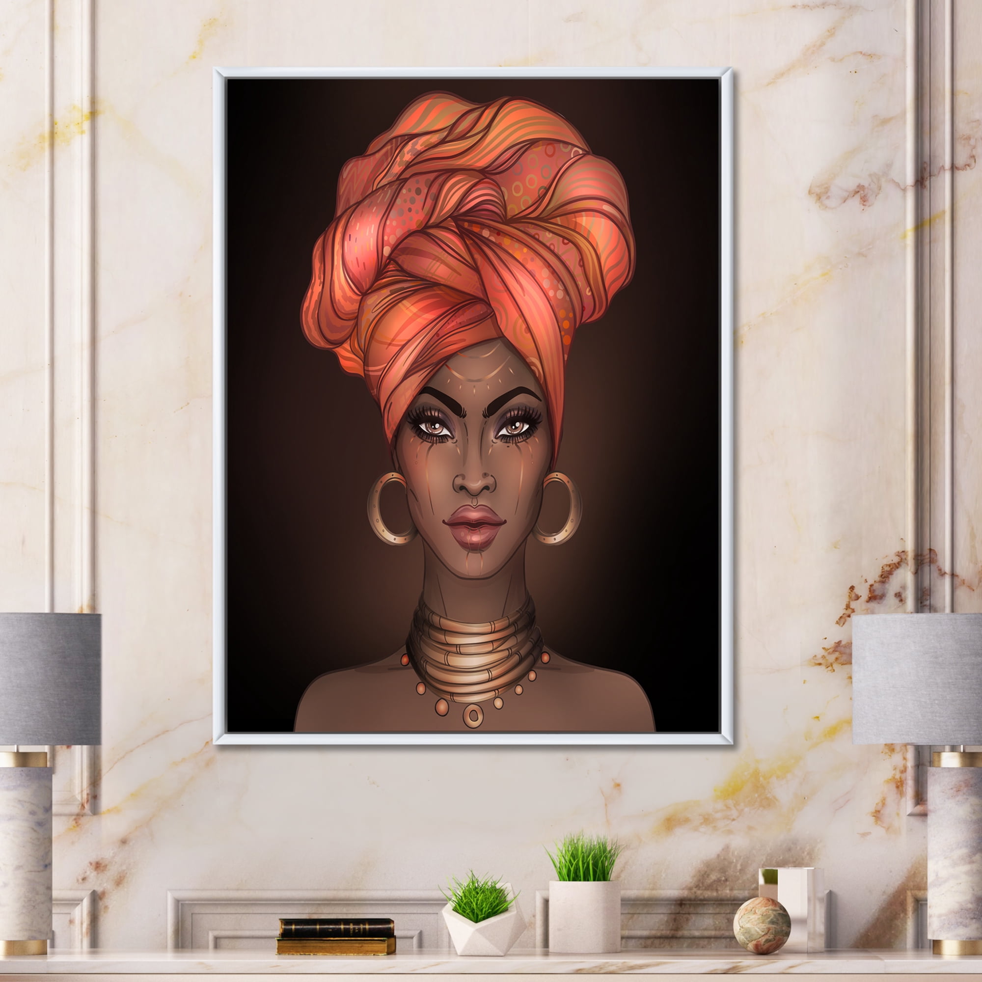 Designart 'African American Woman Portrait with Turban V' Modern Framed Canvas Wall Art Print