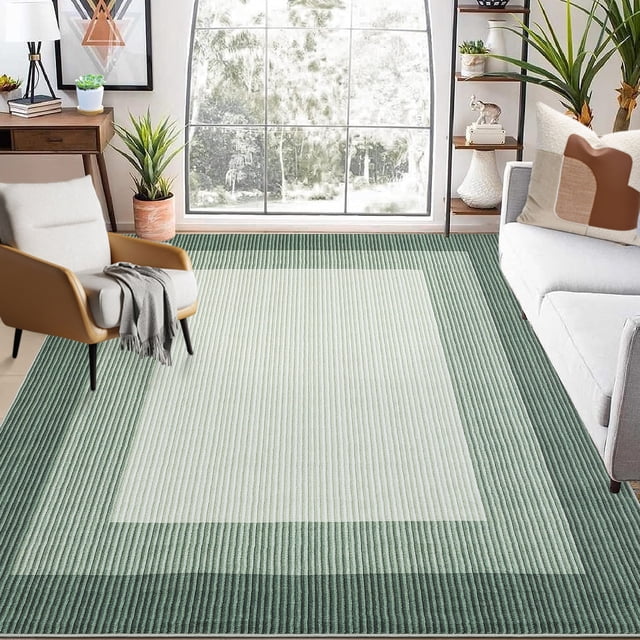 Gaderth 9x12 Ft Washable Area Rug, Border Design Living Room Rug With Low Pile, Non Slip Rubber Backing, Stain Resistant Non Shedding Carpet For Bedroom Dining Room Nursery Home Decor