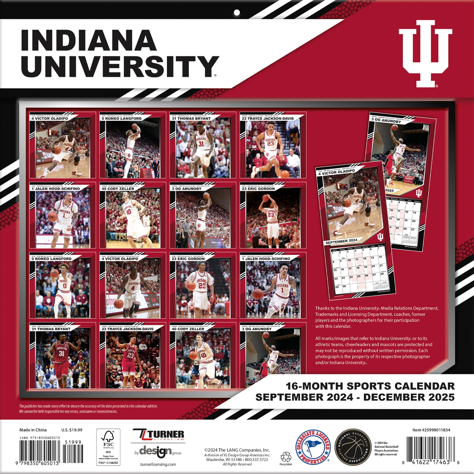 2025 12X12 TEAM WALL CALENDAR, INDIANA HOOSIERS
