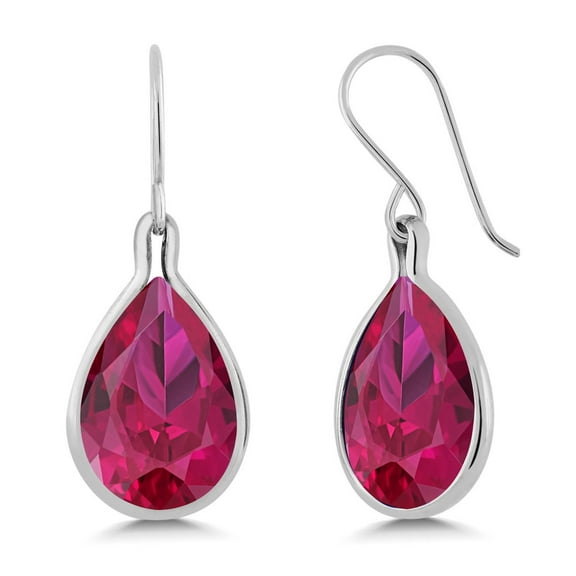 Gem Stone King 925 Sterling Silver Red Created Ruby Dangle Earrings for Women (19.24 Cttw, Pear Shape 16X12MM)
