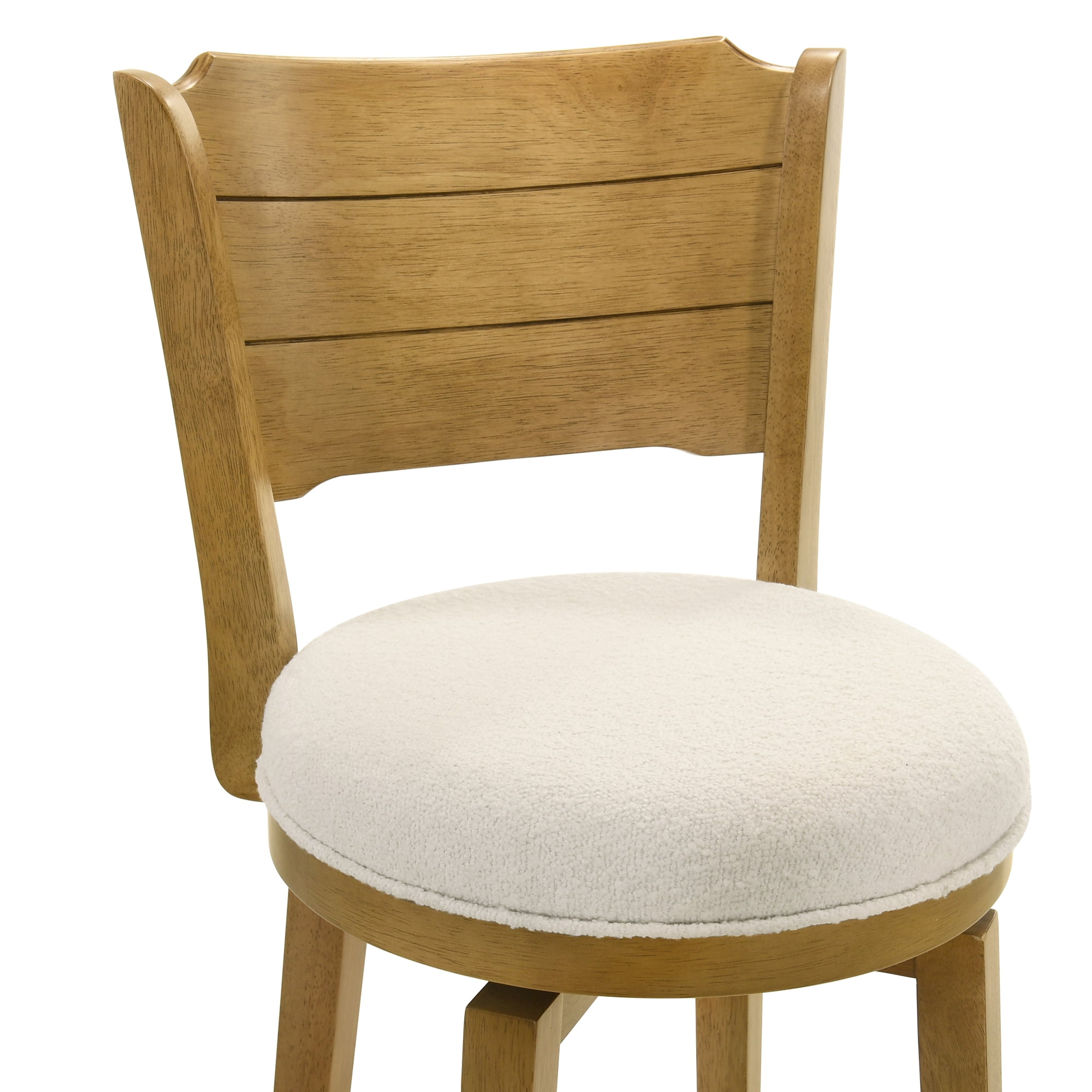 Winsley Coastal Modern Swivel Wood Bar Height Kitchen Bar Stool in Amber Glow Finish with White Boucle Fabric Upholstered Seat - Set of 3