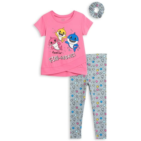 

Pinkfong Baby Shark Daddy Shark Mommy Shark Toddler Girls 3 Piece Outfit Set: Crossover Graphic T-Shirt Legging Scrunchie Pink 2T