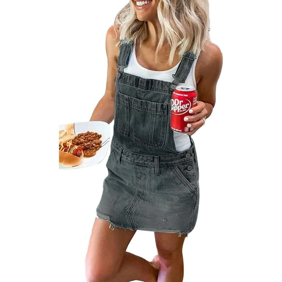 Women's Casual Denim Bib Overall Dress Adjustable Strap Ripped Short Dress