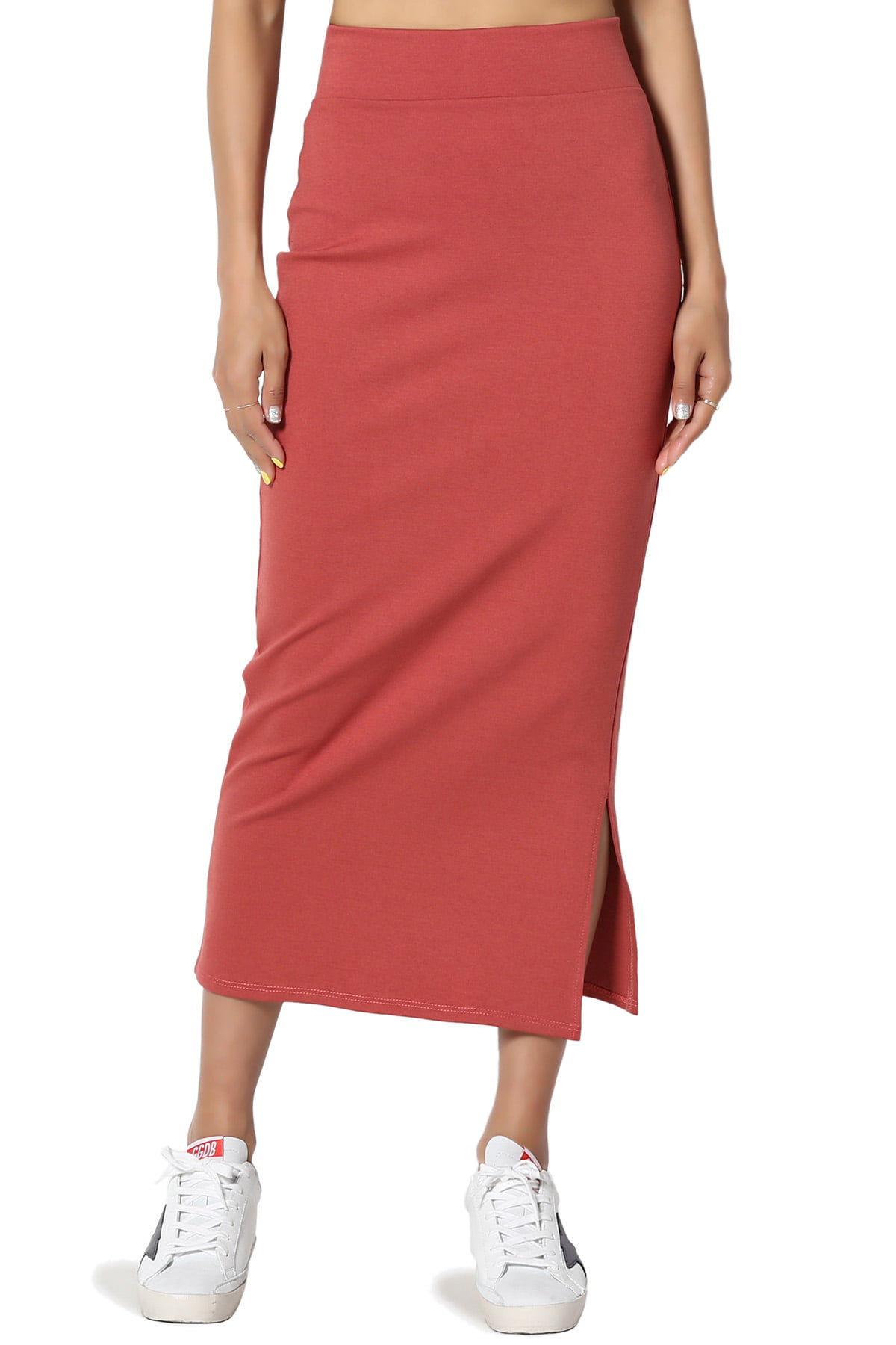 TheMogan Women's S~3X Side Slit Ponte Knit High Waist Mid Calf Long Pencil Skirt - Walmart.com