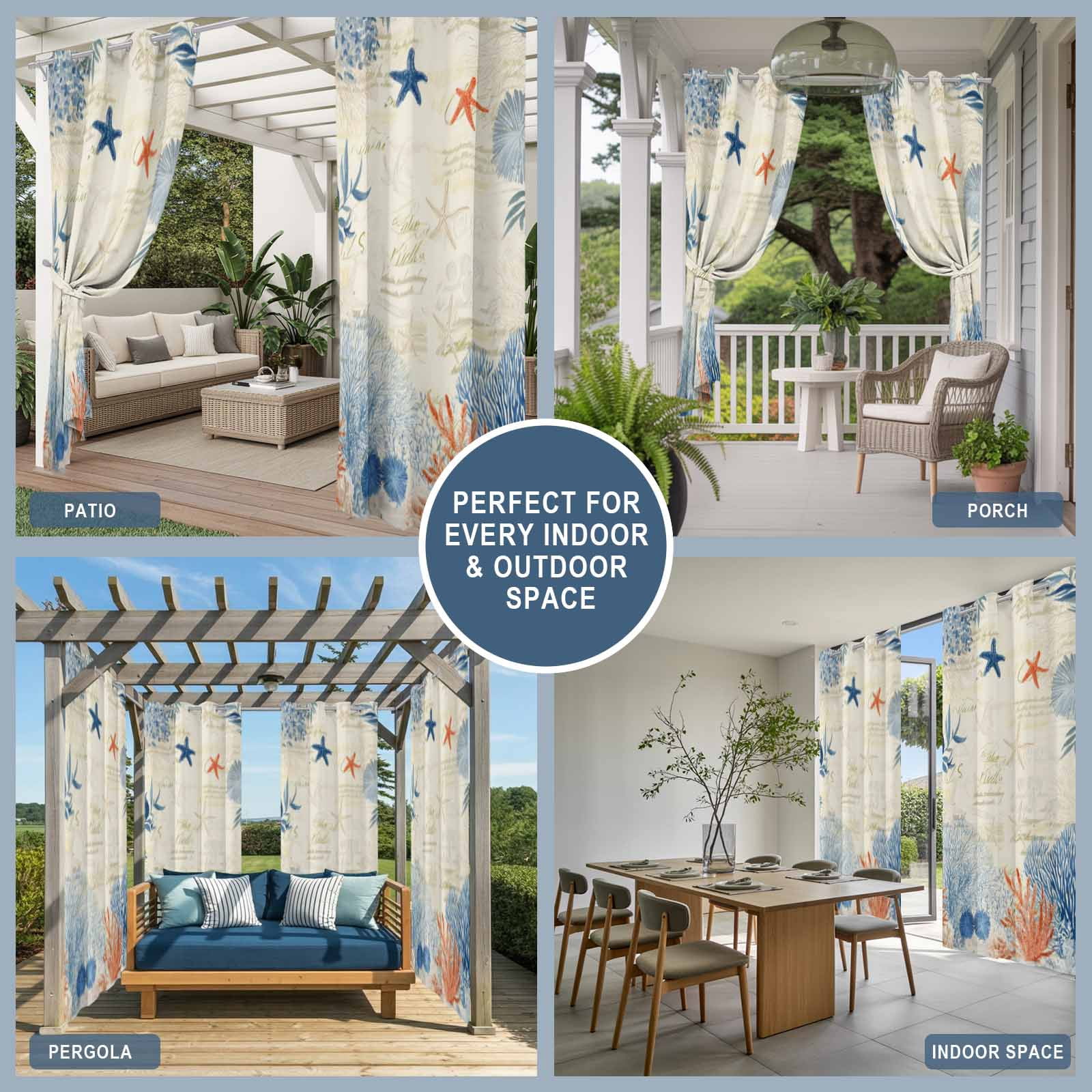 Ocean Corals Outdoor Curtains for Patio, Summer Beach Coral Sea Stars Retro Texture Sunshade Privacy Drapes Grommet Waterproof Outside Curtains for Porch/Cabana/Balcony 54"x 108", 1 Panel