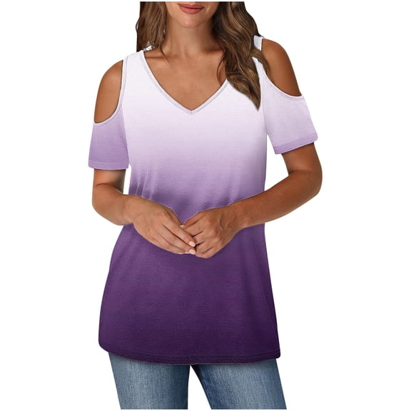 zfwon Women'S Casual Cold Shoulder T Shirt V Neck Short Sleeve Blouse Tunic Tops Sexy Casual Comfy T Shirt Colorblocked Gradient Print T-Shirt Pullover Tees Shirts