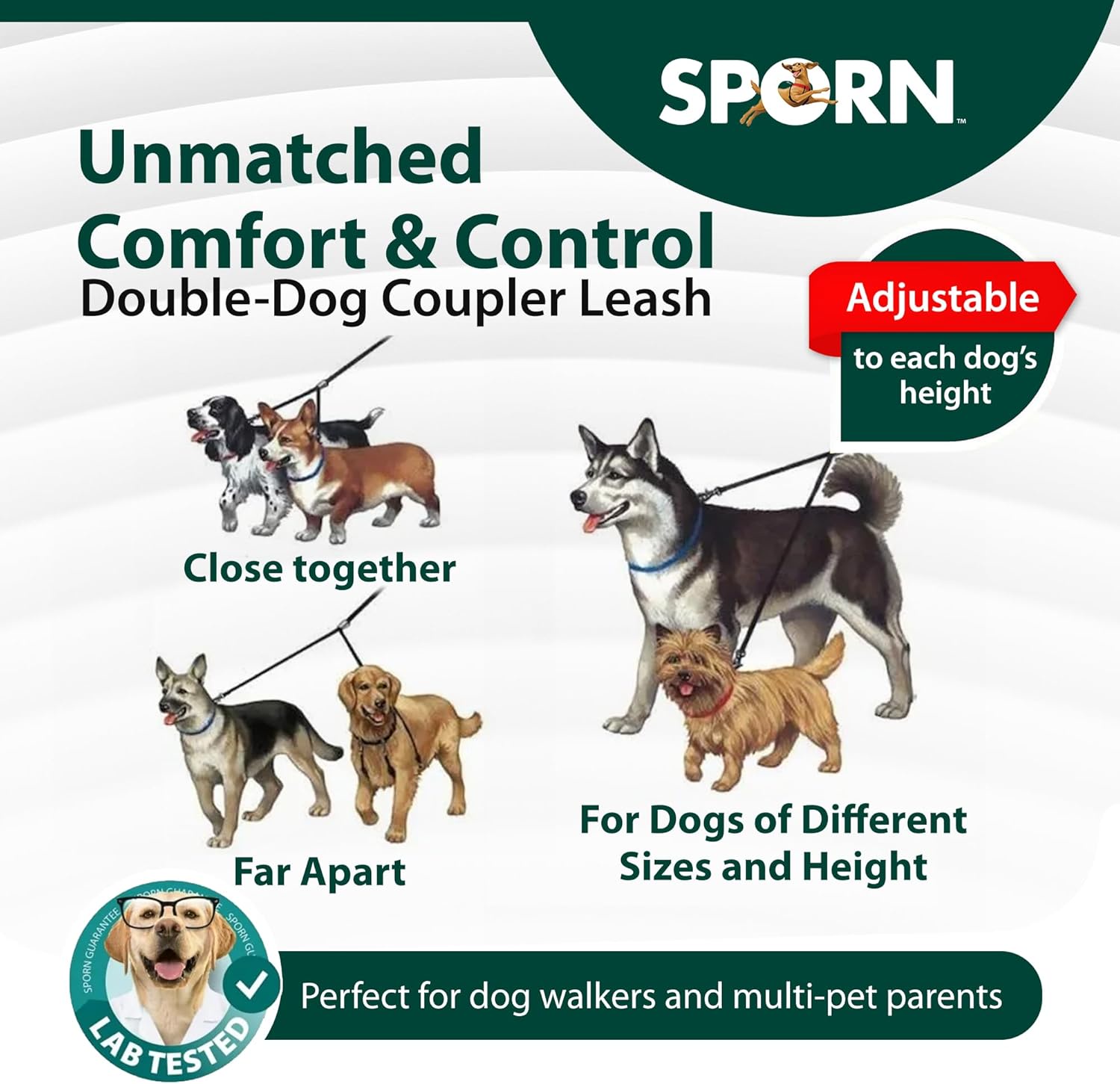 Sporn Double Dog Leash Fully Adjustable for Medium / Large Dogs Black