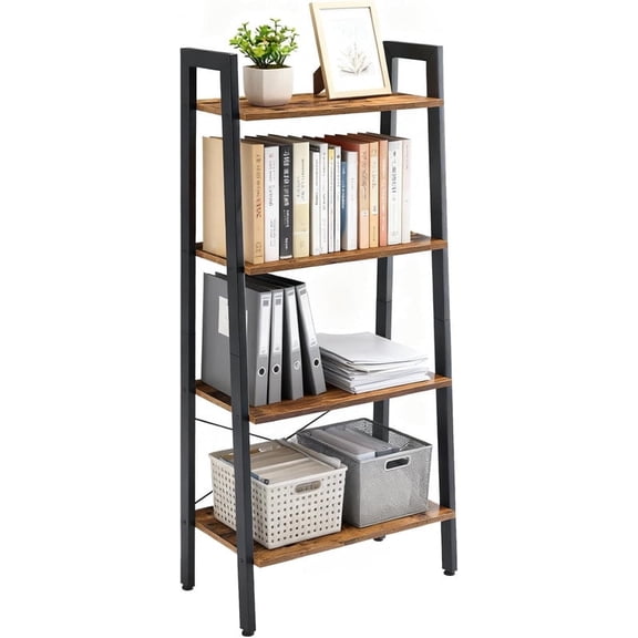 Simenmax 4-Tier Bookshelf, Industrial Ladder Shelf, Space-Saving Storage & Display Bookshelf for Living Room, Bedroom, Office, Brown