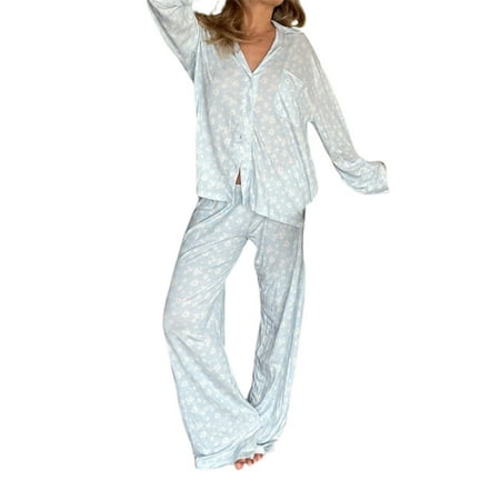 

Women s 2 Piece Button Down Pajamas Set Y2k Long Sleeve Print Button Front Sleepwear Loungewear Pjs Set
