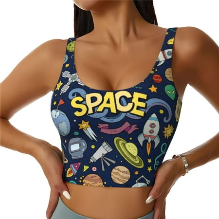 Xecao Colorful Space for Sports Bra with Removable Pads  Crop Tank Top Design  Women s Longline Sports Bra - Non-Wired - Large