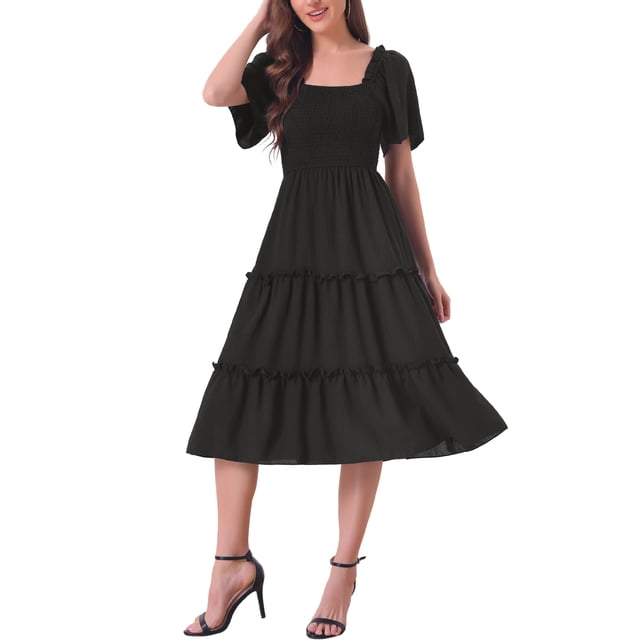 Vestido Midi Boho de Allegra K para Mujer, con escote cuadrado, mangas cortas, diseño en capas, fluido y con fruncidos, color negro, talla S