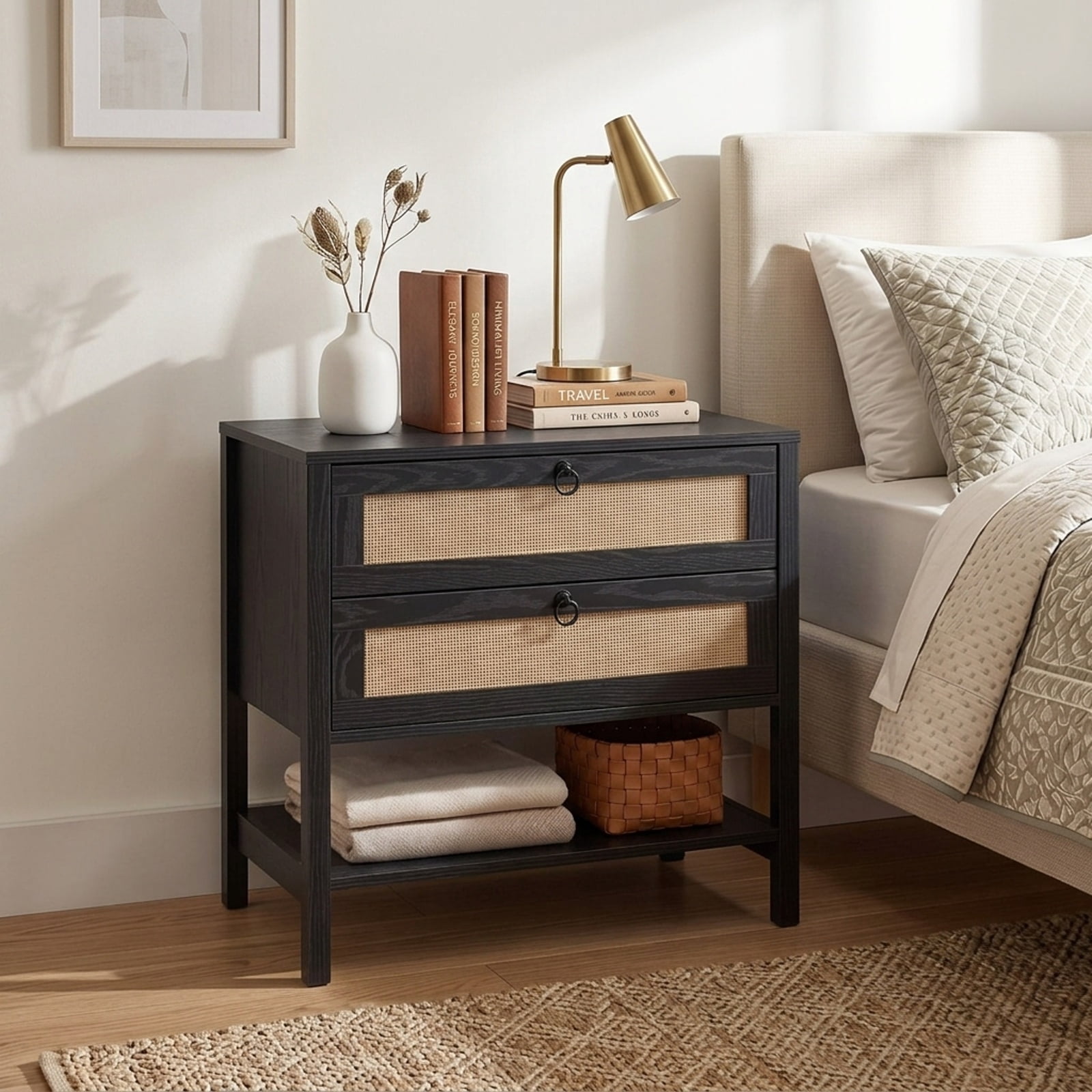 Furnibear Boho Rattan Nightstand with 2 Drawers and Bottom Open Shelf for Bedroom Living Room Bedside Sofa Side Small Space, Black
