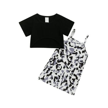 Kids Girls Dress Set Camouflage Print Sling Dress with Short Sleeve Crop Top Summer Casual Outfit Girls Summer Clothes 2-7 Years