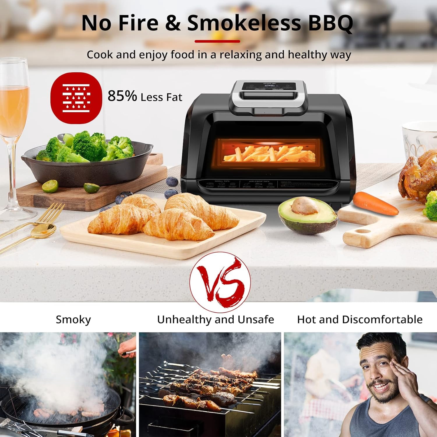 M optimized Indoor Grill Air Fryer Combo w/ See-Through Window, 7 in 1 Smokeless Electric Air Grill Up to 450°F, 1750W Contact Grill w/ Non-Stick Removable Plates, Even Heat, Silicon Tongs, 4Qt, Black