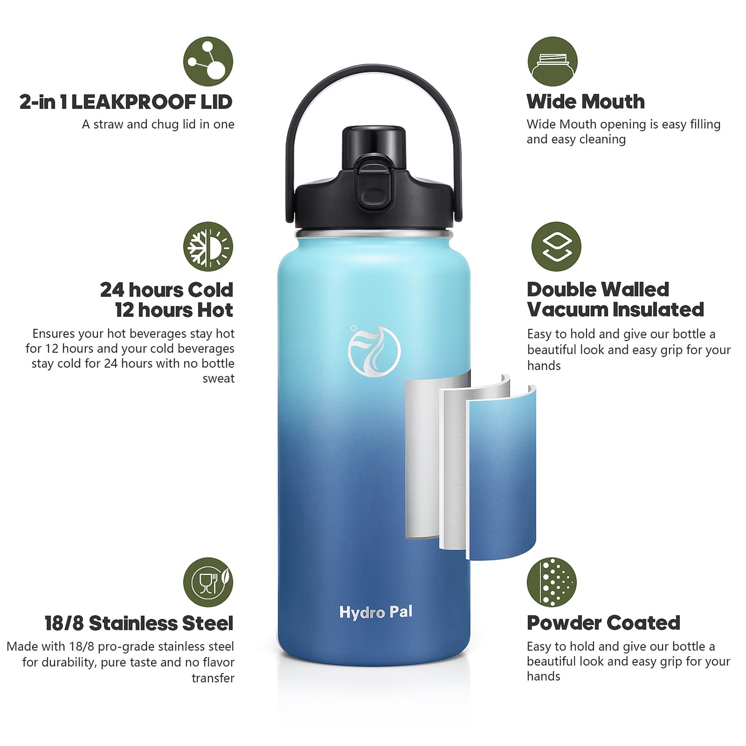 GEDUX 64 oz Insulated Stainless Steel Water Bottle, Half Gallon Water Bottle with 2-in-1 Chug & Straw Lid and Handle, Leak Proof Wide Mouth Vacuum Tumbler for Gym Travel