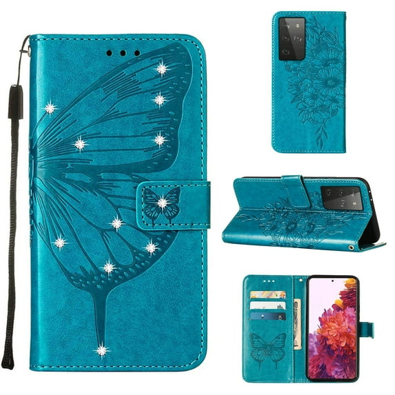 Allytech For Samsung Galaxy S21 Ultra Soft TPU Case,Stylish Diamond Embossed Butterfly PU Leather Shockproof Flip Wallet Holder Cover with Hand Strap.For Samsung Galaxy S21 Ultra,Blue