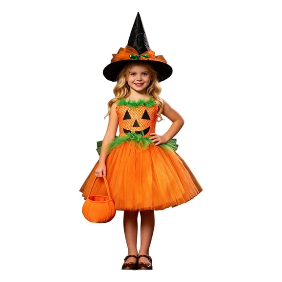 REDARER Girls Halloween Pumpkin Cosplay Tutu Dress with Witch Hat and Pumpkin Candy Bag for Stage Performance Trick or Treat Fancy Dress Party Outfit,2-3 Years