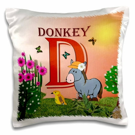 - 3dRose Decorative Animal Alphabet Art for children - D is for a Donkey in the flower garden - Pillow Case, 16 by 16-inch