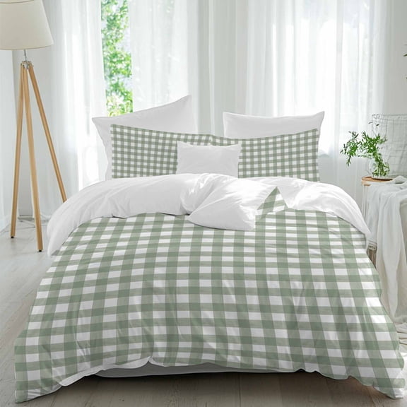 3 Piece Sage Green Buffalo Plaid Duvet Cover Set California King,Microfiber Comforter/Quilt Cover with Corner Ties and 2 Pillowcases,Farmhouse Green White Checkered Soft Bedding with Zipper Closure