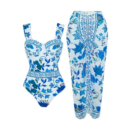 Swimsuits for Women Bikini Set Women S Retro Fashion Bandeau Swimsuit With Beach Cover Up Wrap Skirt Two Bikini Set Blue Women s Bikinis Set L