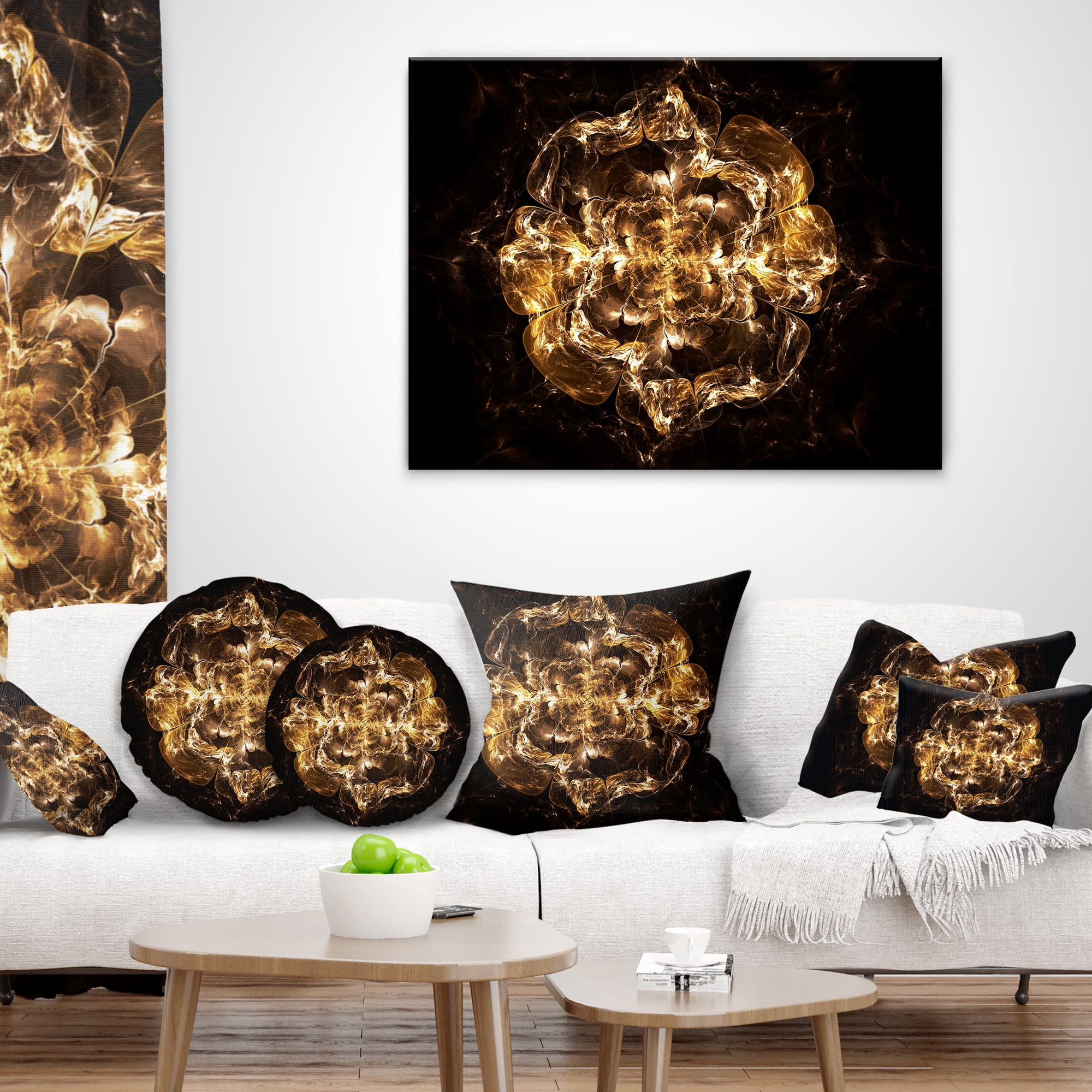 Designart Fractal Yellow Flower Explosion - Floral Throw Pillow - 16x16