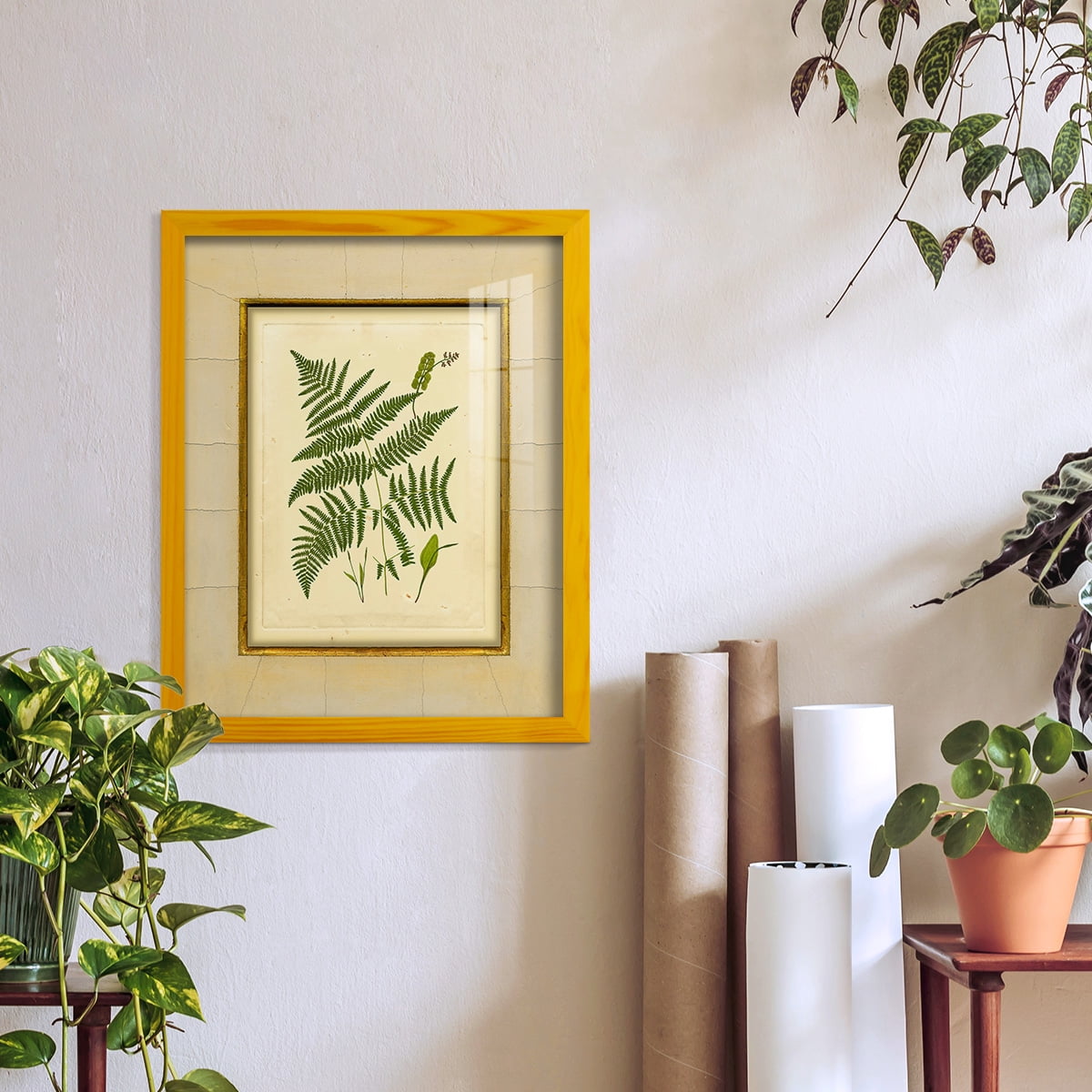 Fern with Crackle Mat (H) IV - Framed Print w/glass - Sunflower Yellow