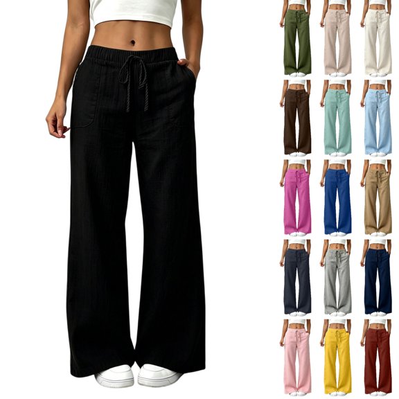 Husipze Women's Cotton Linen Wide Leg Pants Drawstring High Waisted Trousers with Pockets Loose Fit Casual Lounge Pants Black S