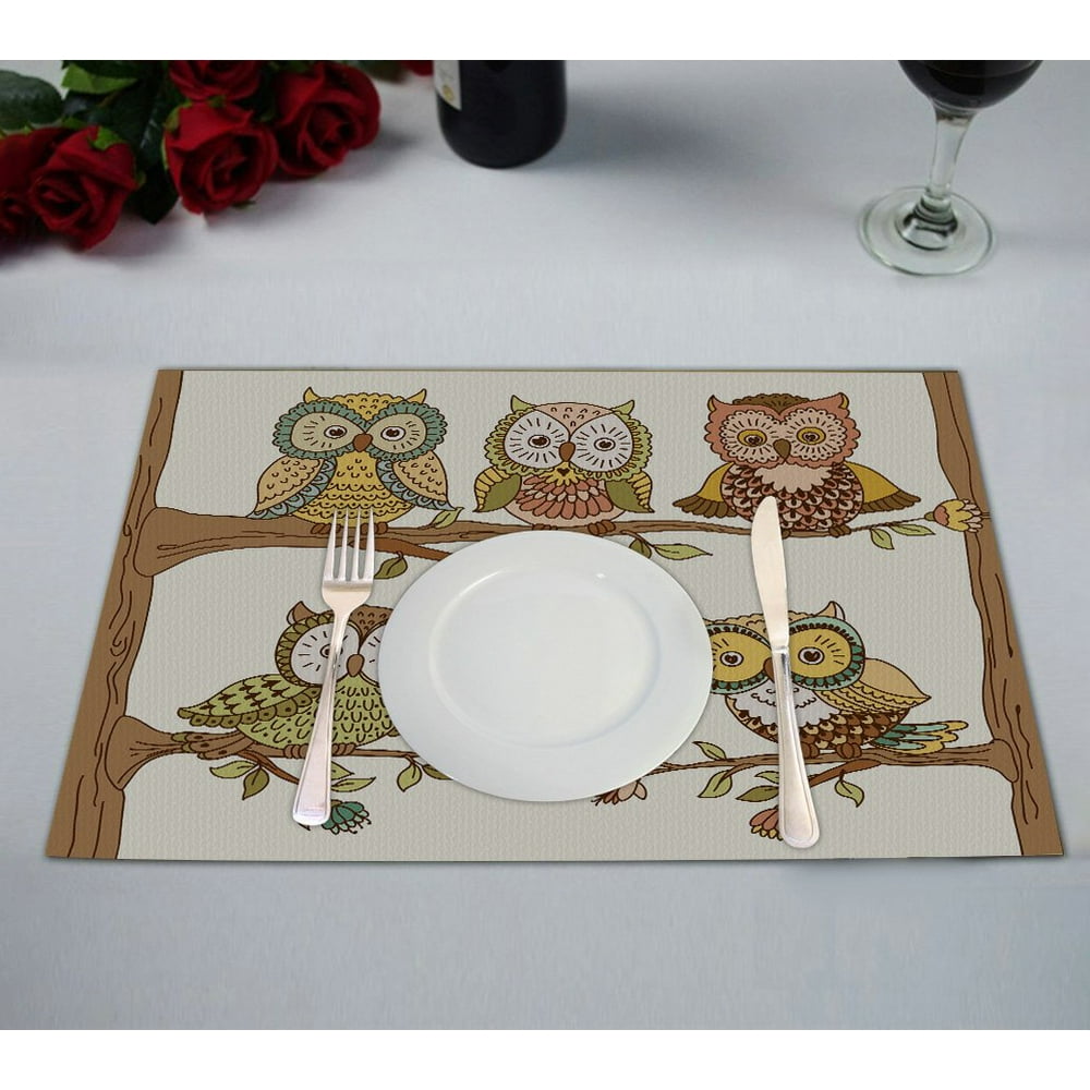 GCKG Owls Placemat, Cute Owls on Branches Floral Background Placemat