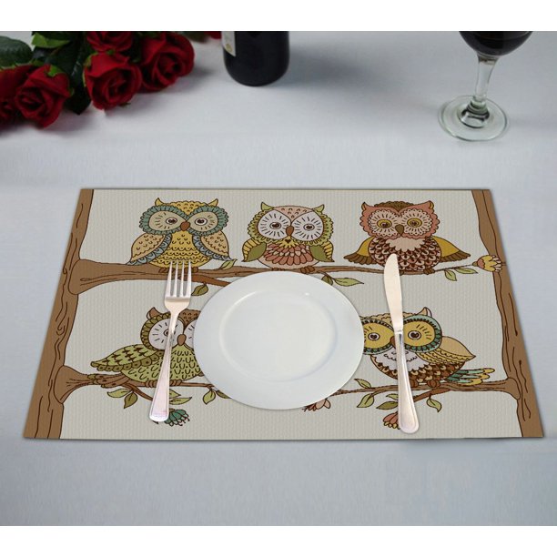GCKG Owls Placemat, Cute Owls on Branches Floral Background Placemat