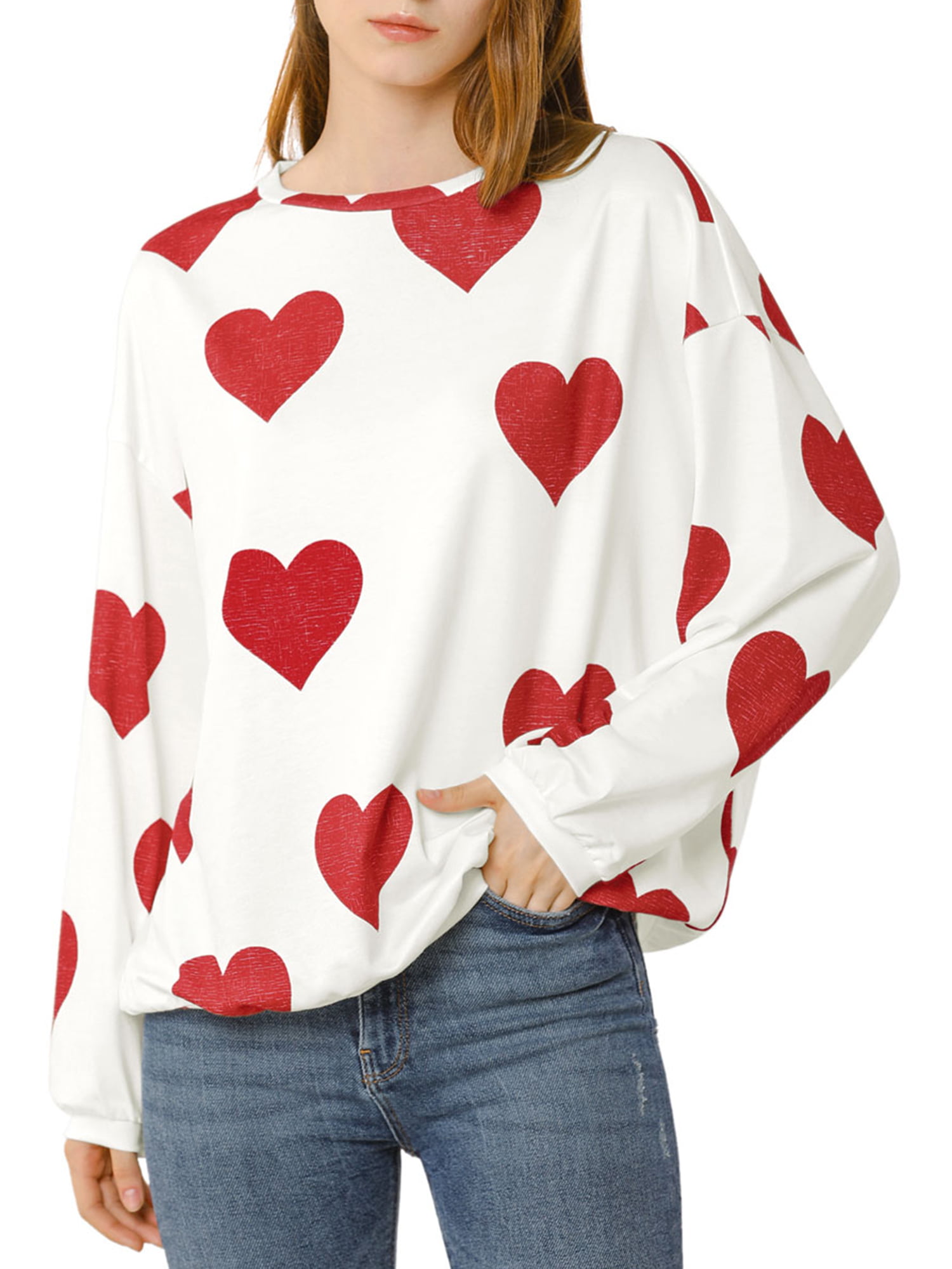 Women Tops T-Shirt 3 Heart to Heart Gradient Color Print Long Sleeve Crewneck Loose Pullover Sweatshirt Blouse 