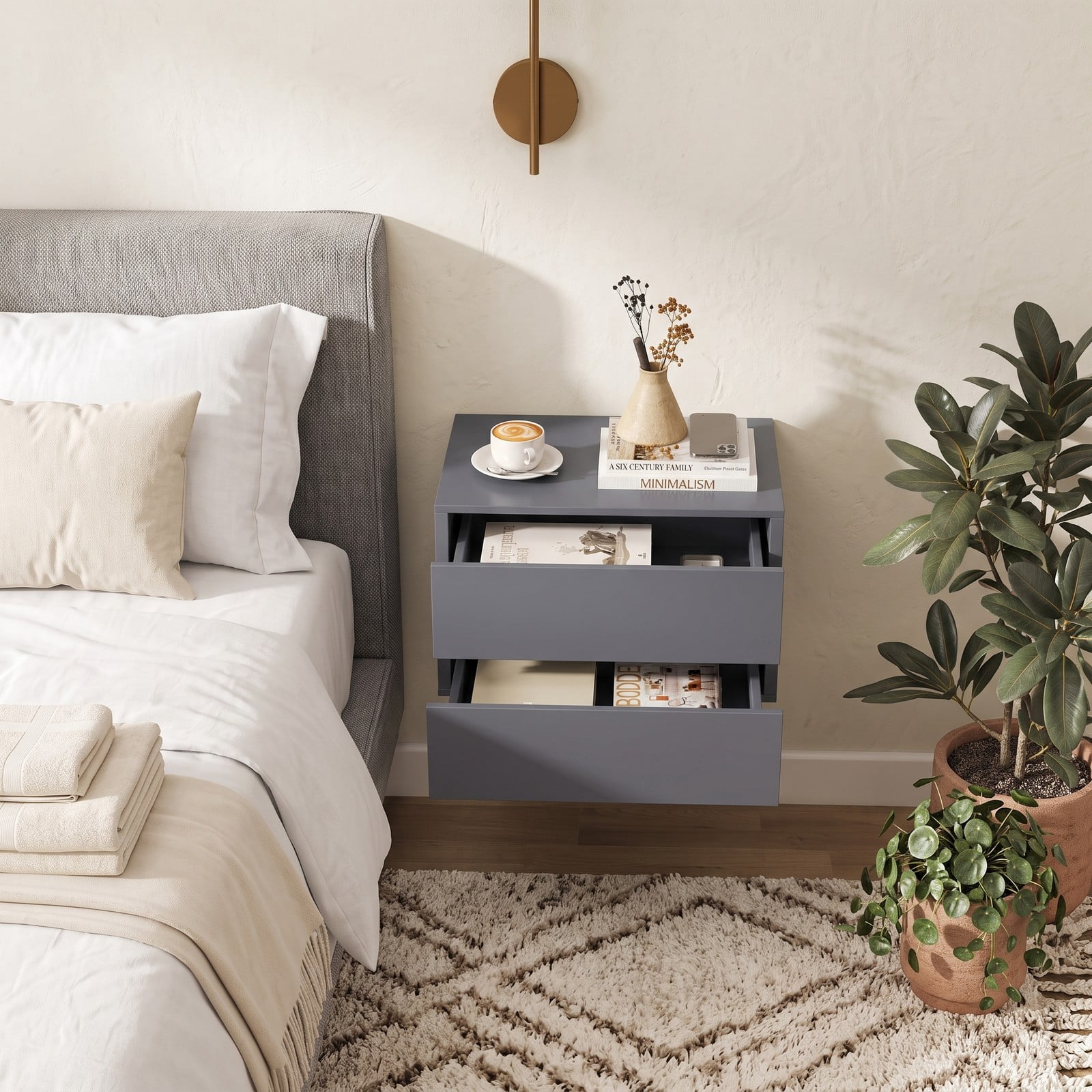 Furnibear Floating Nightstand with 2 Storage Drawers, Wall-mounted Bedside Table with Minimalist Design for Bedroom and Living Room, Gray