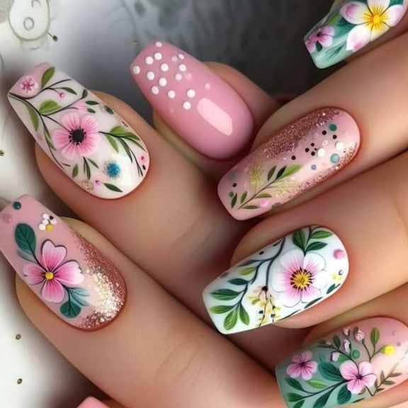 24 Pieces Coffin Press On Nails With Spring Flower Design Glossy Flase Nails Full Covers On Nails For Women Girls