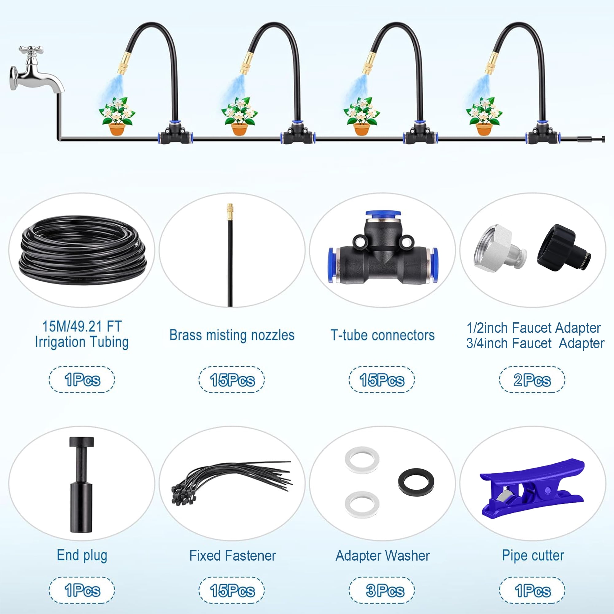 Drip Irrigation Kit Automatic Irrigation System with 360° Bendable Brass Spray Nozzles 20pcs, 49.21Ft Adjustable Garden Watering Misting System for Garden, Greenhouse, Yard, Lawn, Plant, Potted