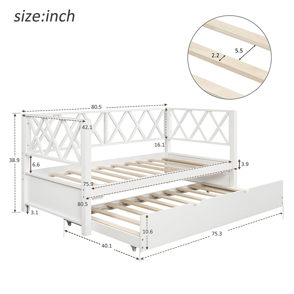 Wood Daybed with Trundle, Twin Size Day Bed Sofa Bed, White