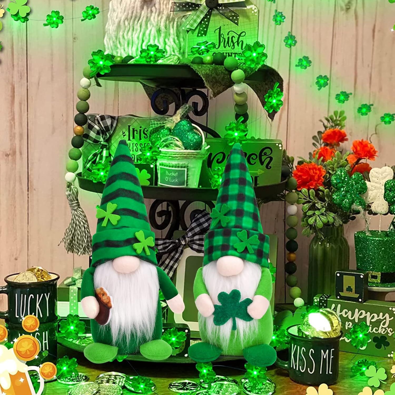 St Patricks Day Gnomes Decorations, 2 Pack Gnomes Plush Lucky Green Shamrock Home Table Decor Ornaments for Irish Saint Patrick's Day