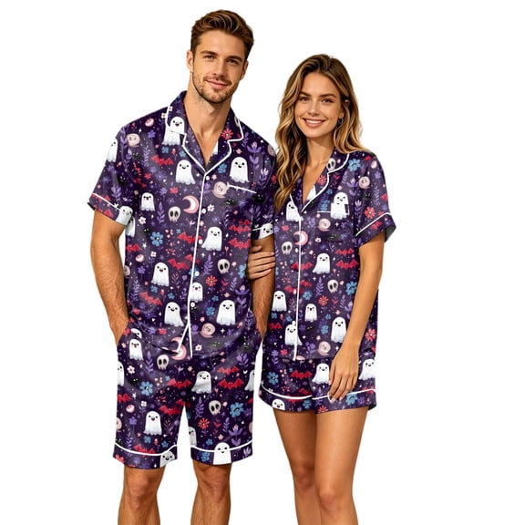 JULMCOMO Halloween Pajama Sets for Couples Pumpkin Ghost Print Button Down Holiday Comfy Lounge Sets Cute Print Loose Soft Shorts Pajamas Dark Purple-Men XL