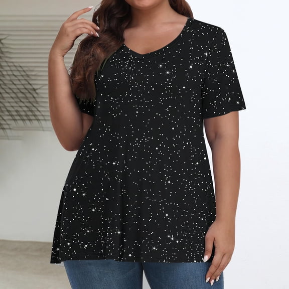 QUNYINEY Short Sleeve Womens Shirts Starry Sky Casual V Neck Tops Plus Size Summer Loose Pullover Tops for Women