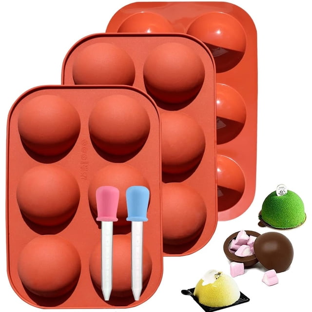3 Piece Silicone Molds, Hot Chocolate Bombs Mold with 6 Cavity Semi Sphere Jelly Holes, Hot Cocoa Bomb Mold Kit for Baking Making Coco Bombs, Cocoa Ball, Jelly, Cake, Dome Mousse (with 2 Droppers)