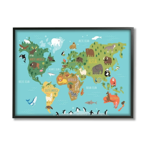 Stupell Industries Country Animals World Map Continents Wildlife Diagram Graphic Art Black Framed Art Print Wall Art, Design by Abi Hall