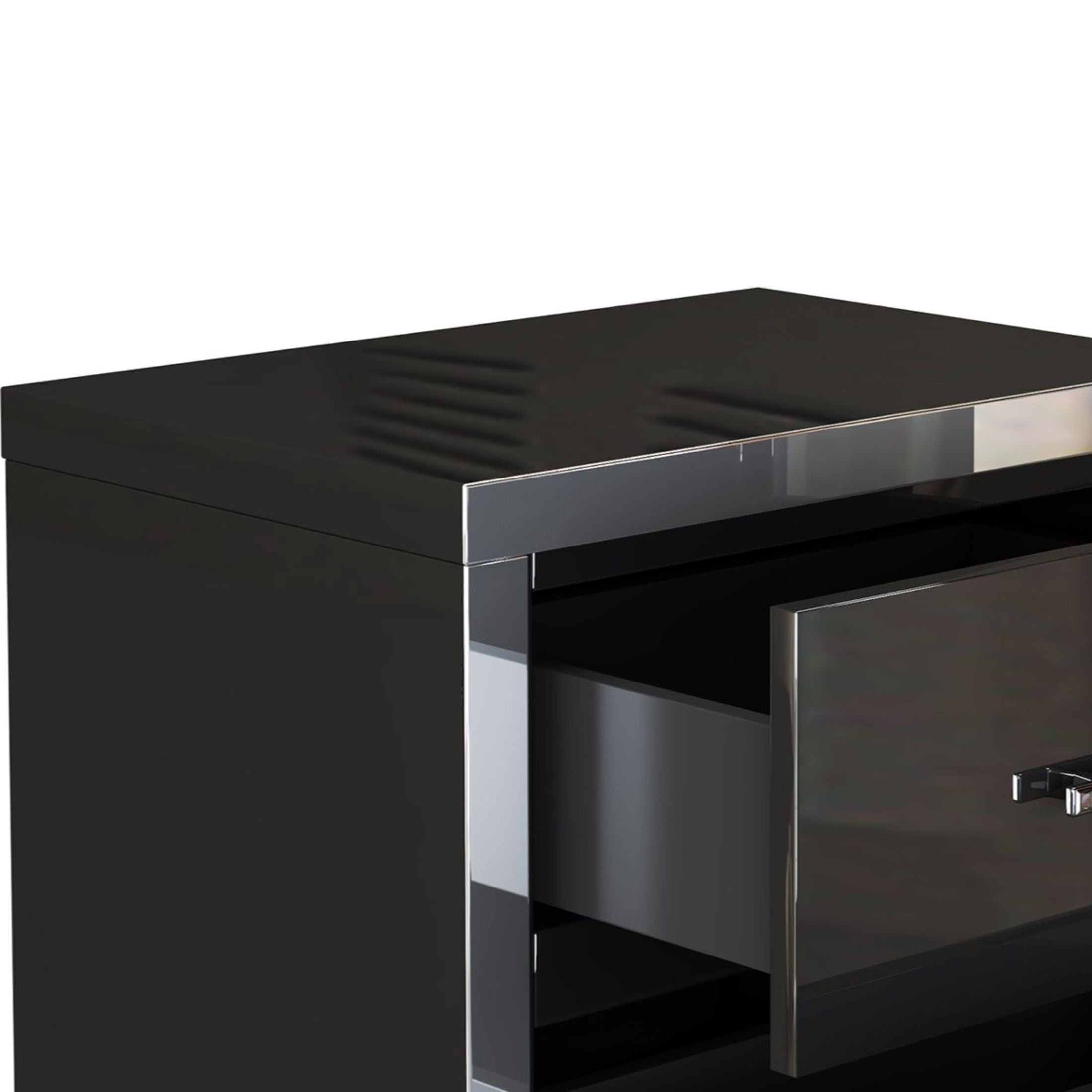 Noble House High Gloss Nightstand with 2 Drawers, Mirrored Bedside Table with Metal Handles, Black