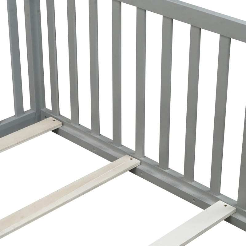 Mirightone Rubber Wood Twin Bed Frame with High Rails and Door, Montessori Floor Bed Twin with 6 Slats, No Box Spring Needed, Grey