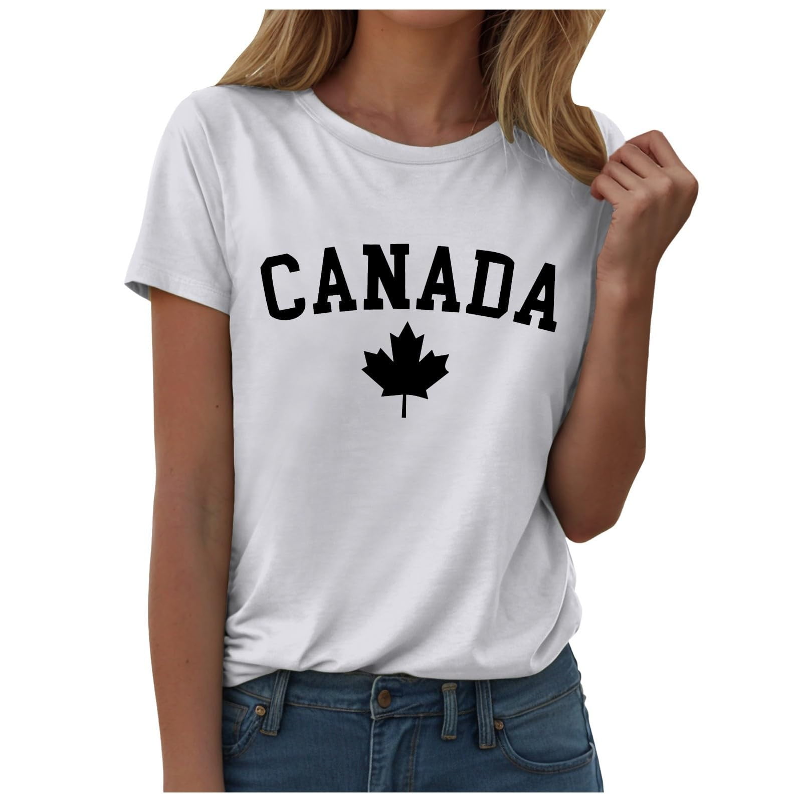 WEIYLL Womens T-Shirts Canada Day Letter Maple Leaf Print White Tee Sizes L