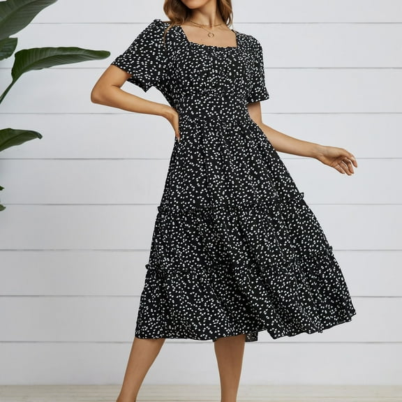 IDALL Summer Dresses,Petite Dresses 2022 Women's Summer Midi Dress Short Sleeve Heart Print Tunic Flowy Pleated Dress Elegant Dresses,Modest Dresses,Womens Dresses Black Dress L