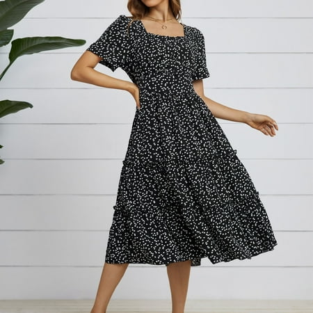 IDALL Summer Dresses,Petite Dresses 2022 Women's Summer Midi Dress Short Sleeve Heart Print Tunic Flowy Pleated Dress Elegant Dresses,Modest Dresses,Womens Dresses Black Dress XL