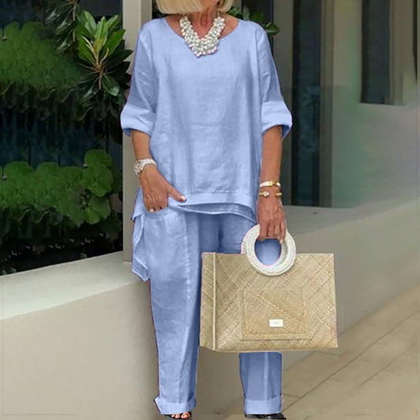 ICHUANYI Clearance Women's Solid Cotton Linen Round Neck Long Sleeve Loose Casual Set(Blue, L) ICHUANYI WER2023080812847