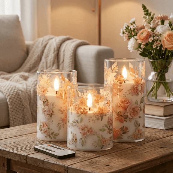 Goyuon Flameless Candles Flickering with Remote and Timer,3D Wick Acrylic Electric Fake Candles, Battery Operated LED Pillar Candle-Pink Rose Decal 4''x5''x6''