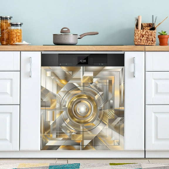Dishwasher Magnet Cover Magnetic Fridge Door Cover Home Kitchen Decor Abstract Silver Geometric 23"x 26"